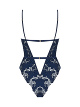 A deep navy blue bodysuit with white floral embroidery, designed with a soft cup shape, silk bands, two adjustable closings at the back and a teardrop cut-out at the chest.