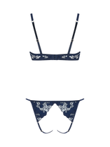 An intricate, navy blue, floral embroidered Coco de Mer Arella Wired Open Playsuit with silk bound crescent cups and adjustable straps