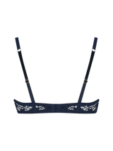 A deep blue, floral patterned half cup bra with silk-cased underwire, scalloped edges, adjustable silk straps, a hook and eye closure, and golden hardware.