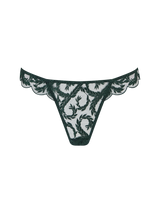 Coco de Mer embroidered Floral thong in dark green. Featuring scalloped edges and sheer tulle.
