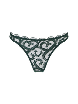 Front cut out image of a Coco de Mer thong with dark green floral embroidery on a sheer tulle.