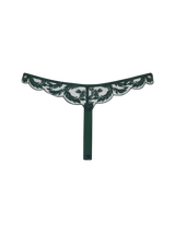 Cut out image of the back of a dark green lace thong from Coco de Mer. Featuring a Bespoke floral embriodery with scalloped edges and silk finishes.