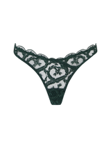 Cut out image of the front of a Coco de Mer dark green thong. Featuring a floral embroidery, scalloped edges and a v-front detail.
