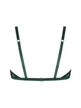 Cut out image of a Coco de Mer soft cup bra in dark green. Featuring silk covered straps, floral embroidery and gold metal hardware.