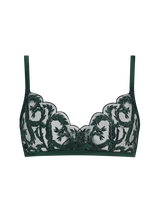 Cut out image of a Coco de Mer dark green lace soft cup bra with scalloped edges. Composed of a floral embroidery on sheer tulle, with silk strapping.