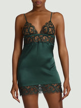 Model wearing green Coco de Mer lingerie slip dress