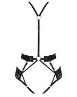 Bordelle Signature Strap Body Harness in Black with elasticated straps and 24K Gold hardware