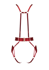 Bordelle Signature Strap Body Harness in Burnt Red with elasticated straps and 24K gold hardware