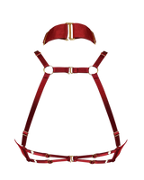 Back view of the ouvert open cup bra showcasing the gold componentry that makes the burnt red bra fully adjustabe