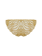 A cut out of lingerie with gold embroidery on a brazilian knicker style with a view from the back