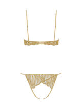 Cut out of lingerie with gold embroidery on an open style playsuit showing the back view
