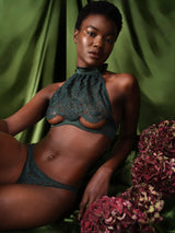 Isara deep green lace halter bra with silk scalloped lace up to the neck and an ouvert underwire design paired with Isara open thong.