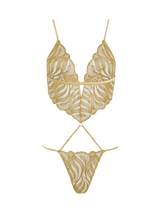 Cut out of lingerie with gold embroidery on a closed style playsuit from Coco De Mer