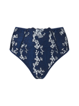 A high waisted, open knicker with blue floral embroidery and adjustable silk straps.
