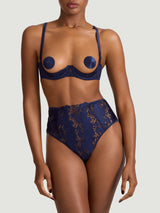 Coco de Mer Arella Quarter Cup Bra paired with Arella High Waisted Open Knicker in a deep blue floral embroidery