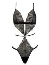 An open playsuit with soft cups in Coco de Mer's stunning Athena embroidery, designed to flatter the body