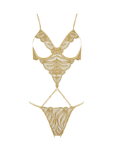 Front image of a gold embriodered Open playsuit from Coco de Mer