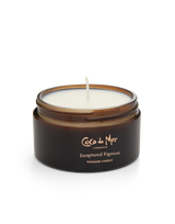 A Coco de Mer massage candle with fig and orange blossom scent, in an amber glass jar, made of low melting point soya wax to drizzle delicately onto the skin with no fear of being burnt
