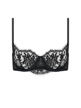 A black Coco de Mer Hera Balcony Bra with intricate Leaver's lace detailing and silk straps.
