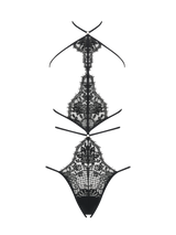 A black Coco de Mer Hera Open Playsuit with intricate French Leaver's lace and silk straps, featuring gold sliders to make it fully adjustable