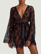A black Leaver's lace robe with scalloped hem and sleeves, featuring a jet black silk tie, as shown on model