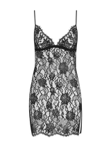 A black, French Leaver's lace slip dress with triangle cups, delicate eyelash edging, and silk straps