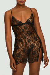 A black, French Leaver's lace slip dress with triangle cups, delicate eyelash edging, and silk straps