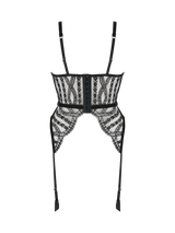 An intricate black French Leaver's lace Basque with luxury velvet binding, an underwired design, and adjustable suspender straps