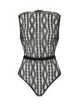 A black scalloped Leaver's lace bodysuit with a boat neckline, eyelash trim, and velvet buttons down the spine, designed in London and made in Portugal.