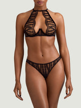 Coco de Mer Kiana High Neck Plunge Bra paired with Kiana Skirted Thong in a delicate floral French Leaver's lace pattern and luxurious black velvet accents