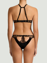 Coco de Mer Kiana High Neck Plunge Bra in graphic floral Leaver's Lace and luxurious velvet matching with Kiana Spanking Knicker, featuring a high-cut design and velvet button at the base of the spine to reveal the cheeks