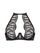 A high neck plunge bra with black lace and velvet detailing, designed in a halterneck shape to give added support and enhance cleavage