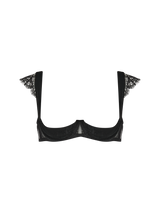 A black quarter cup bra featuring scalloped caps of Leaver's Lace and velvet straps with a golden hook and eye closure at the spine.