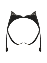 An intricate black French Leaver's lace and luxurious velvet open suspender knicker featuring a high waist and adjustable straps