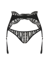 An intricate black French Leaver's lace and luxurious velvet suspender knicker with a high waist and adjustable straps, featuring golden hardware.