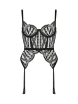 An intricate black French Leaver's lace Basque with luxury velvet binding, an underwired design, and adjustable suspender straps.