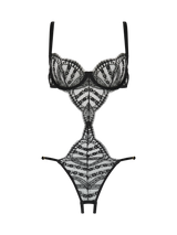 An intricate black French Leaver's lace playsuit with velvet accents, featuring a plunge bra shape, open crotch, and adjustable straps.