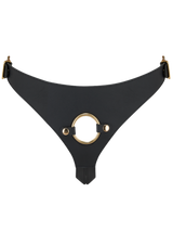 Coco de Mer's sturdy leather strap on harness, secured with gleaming brass hardware