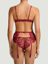 Kiana Balcony Bra, Brazilian Knicker and Suspender Belt with red lurex Leaver's lace in a floral design, scalloped eyelash trim and adjustable silk straps, as shown on model