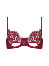 Coco de Mer Naraya red lurex Leaver's lace balcony bra with floral pattern, adjustable straps, and the delightful cut out detail adding drama.