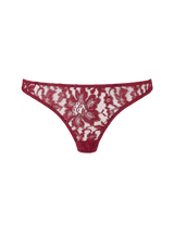 A red lurex Brazilian knicker with intricate Leaver's Lace pattern and scalloped edges.