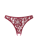 A red lurex Leaver's lace open knicker with scalloped panels and a sleek silk band and an open back