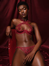 Naraya red lurex Leaver's lace Quarter Cup Bra paired with matching Open Knicker with scalloped panels and a sleek silk band, as shown on model as perfect set