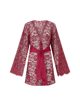 A red lurex Leaver's lace robe with a silk belt, designed with wide sleeves and scalloped edges at the neckline and cuffs.