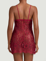 A red lurex Leaver's lace slip with triangle cups, and a keyhole back with a silk covered button as shown on model