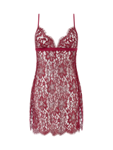 A red lurex Leaver's lace slip with triangle cups and a keyhole back with a silk covered button.