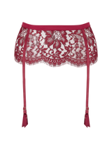 Kiana suspender belt with red lurex Leaver's lace in a foral design, scalloped eyelash trim and adjustable silk straps