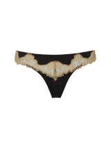 Coco de mer black silk thong with a gold lace trim through the hip