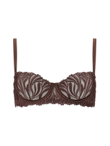 A brown Coco de Mer Tamia Balcony Bra with mocha embroidery, chocolate silk binding, and adjustable straps.