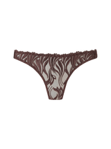 An open knicker with mocha-colored bespoke embroidery and silk bound strapping, featuring a scalloped edge